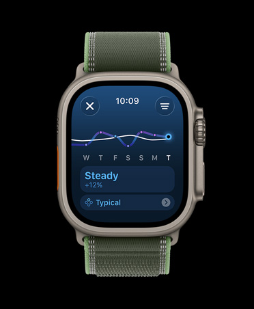 Apple Watch Ultra 3, warna alami, casing titanium, kalender dan diagram garis beban latihan, tali jam, Loop Trail, warna hijau/neon