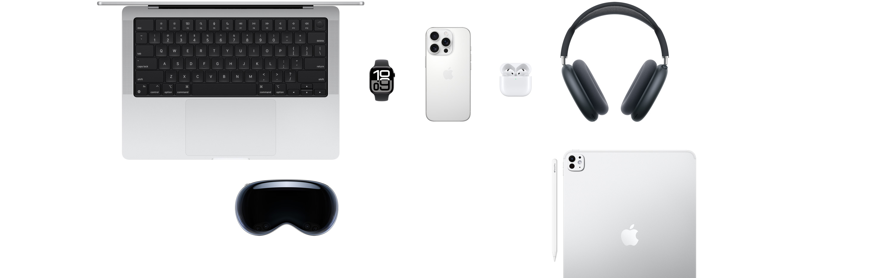 Various Apple products, including a MacBook, an Apple Watch Series 10, an iPhone 16 Pro, AirPods 4, AirPods Max, Apple Vision Pro, an Apple Pencil Pro, and an iPad Pro