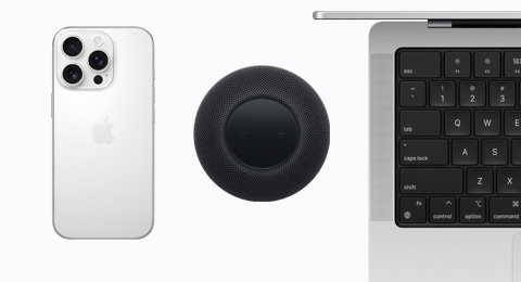 An iPhone 16 Pro in White Titanium color, a HomePod in Midnight color, and an open MacBook in Silver color