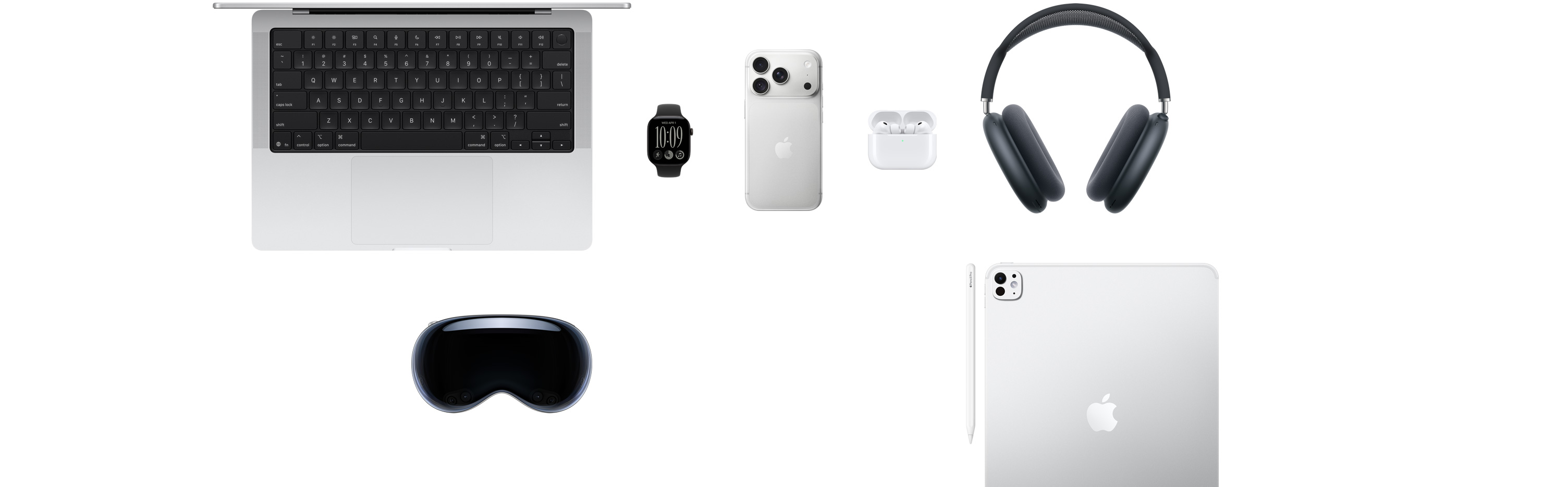 Various Apple products, including a MacBook Pro, an Apple Watch Series 12, an iPhone 18 Pro, AirPods Pro 3, AirPods Max, Apple Vision Pro, an Apple Pencil Pro and an iPad Pro