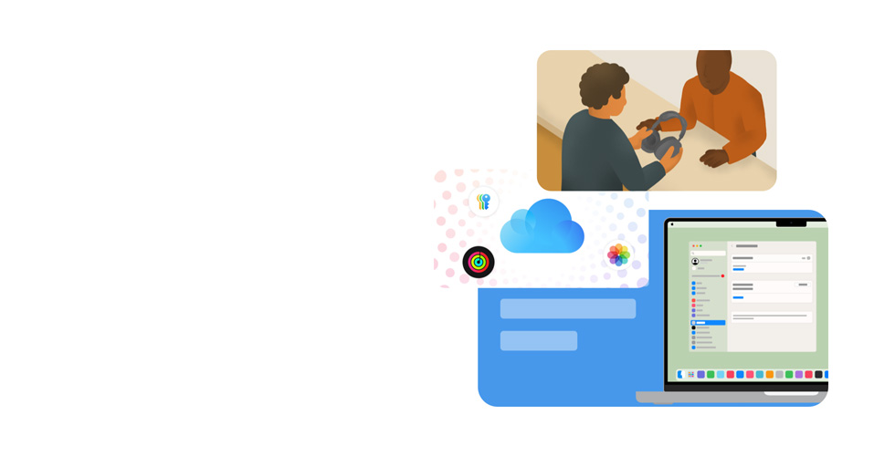 A stylized illustration of an Apple expert holding a customer’s headphones. Below them is a drawn MacBook screen showing the System Settings interface, surrounded by illustrated icons representing Passwords, iCloud, Apple Fitness and Photos.