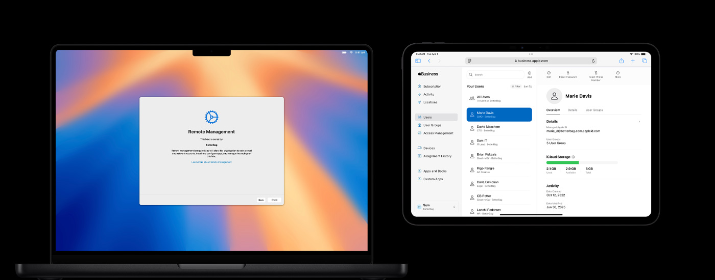 Se muestra una pantalla de administración de recursos en un Mac, un iPhone y un iPad.