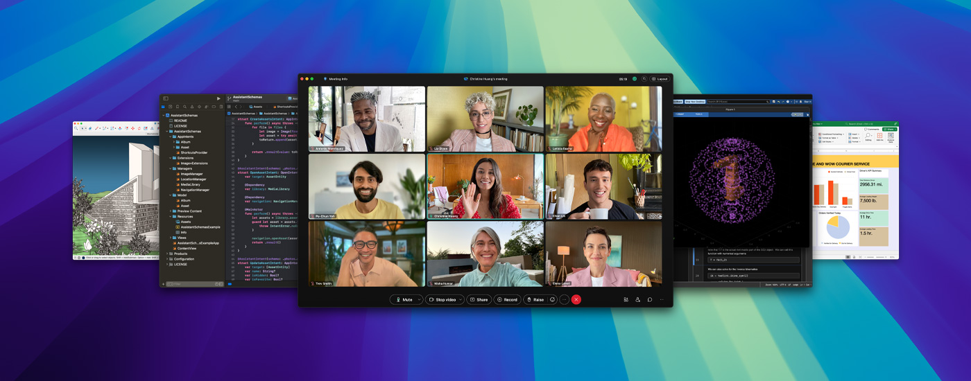 Se muestran las pantallas de diferentes apps, incluida la de una reunión en Zoom.