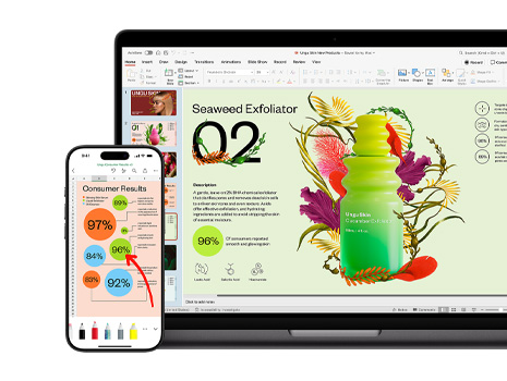 Un Mac y un iPhone muestran diferentes secciones de una presentación colorida y atractiva sobre un producto para el cuidado de la piel.