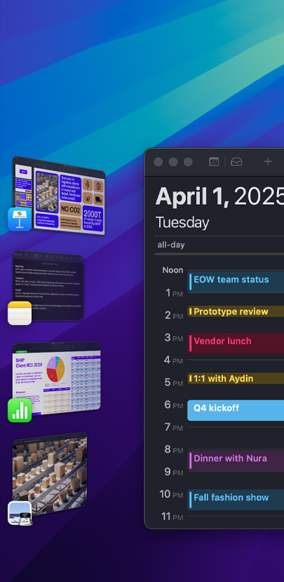 Diferentes apps de iOS en un computador de escritorio, entre las que destaca la app Calendario, que incluye un cronograma del día.