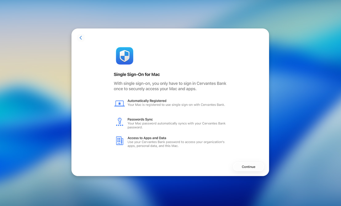 Single Sign-On setup dialogue with options for automatic registration, password sync, and access to apps and data