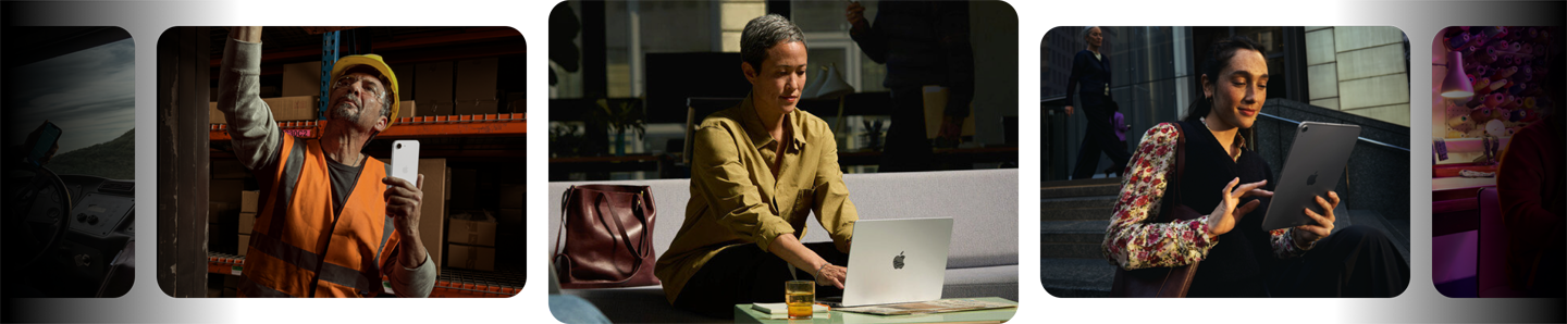 People in various work environments using Apple products, including iPhone, MacBook and iPad