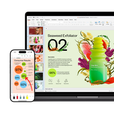Front view of an Mac and an iPhone displaying different sections of the same vibrant and colourful presentation focused on a skincare product.
