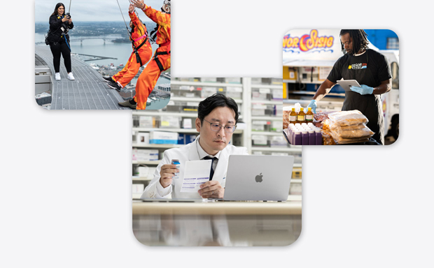 Imágenes de varias pymes, con un farmacéutico en bata de laboratorio interactuando con una MacBook, una instructora de bungee jumping fotografiando con un iPhone a dos personas que están por saltar y un hombre sosteniendo un iPad mientras manipula unos alimentos.