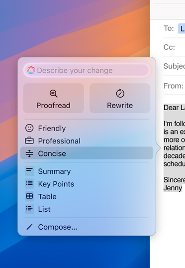 MacのデスクトップにEメールの下書きが表示されており、Apple Intelligenceのプロンプトが開いている。Eメールをより簡潔にするオプションが選択されている
