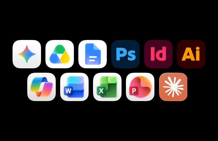 Rangée d’icônes comprenant Gemini, Google Drive, Google Docs, Adobe Photoshop, Adobe InDesign, Adobe Illustrator, Microsoft Copilot, Microsoft Word, Microsoft Excel, Microsoft PowerPoint et Claude