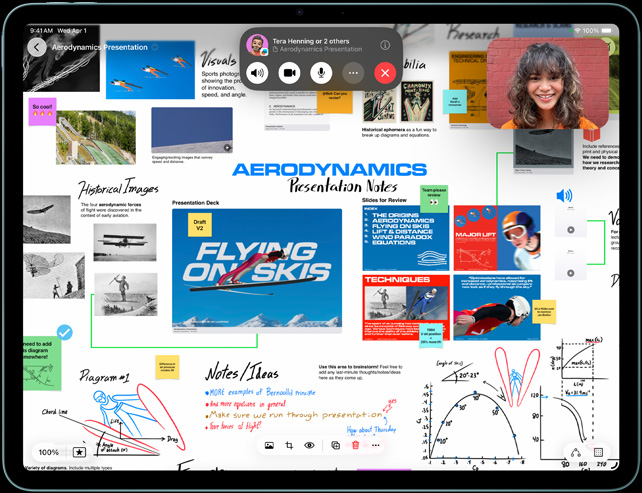 Un iPad affiche une présentation sur l’aérodynamique avec des notes manuscrites et des images, ainsi qu’un appel FaceTime en cours