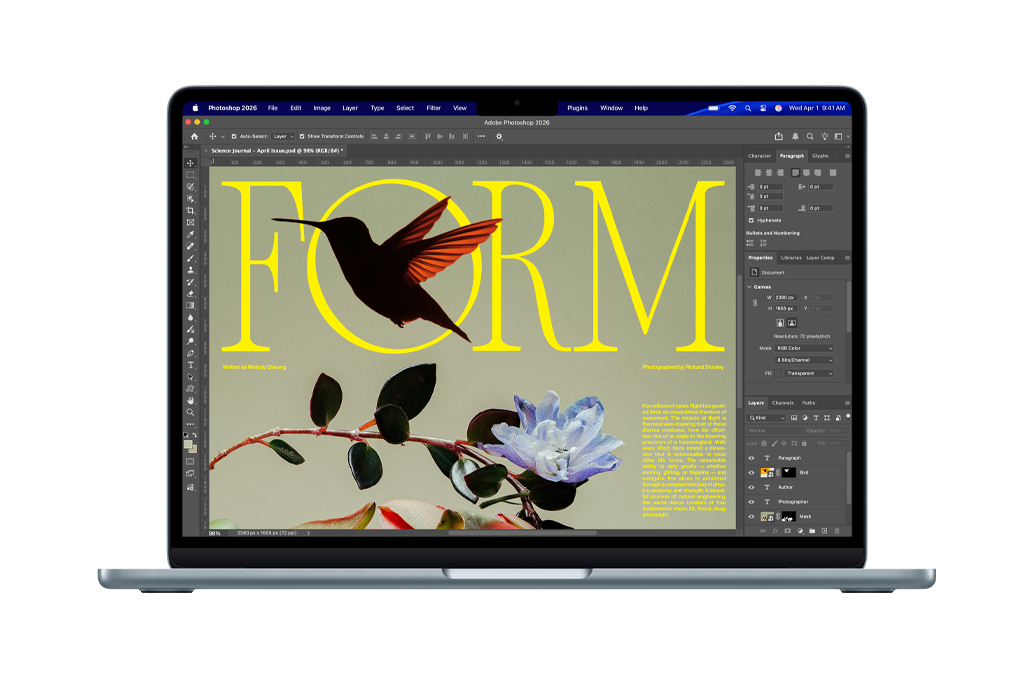 Création d’une illustration de couverture de revue scientifique dans Adobe Photoshop sur l’écran d’un MacBook Air