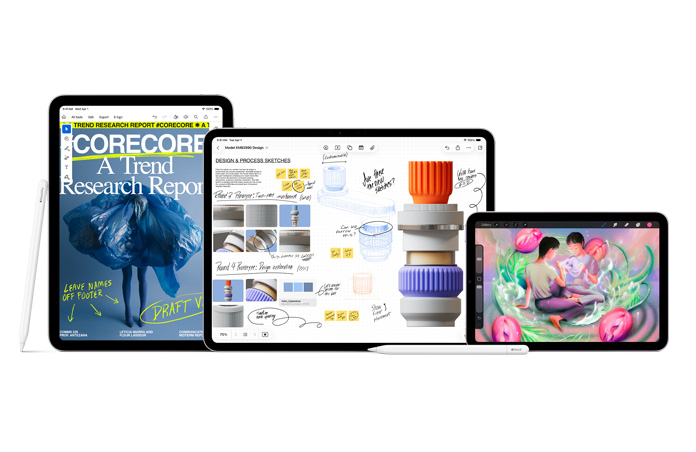 Différents modèles d’iPad dont l’iPad Pro, l’iPad Air et l’iPad, un Apple Pencil Pro est appuyé contre l’iPad Pro et un Apple Pencil est posé à plat devant les autres appareils