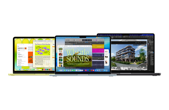 시트러스 색상 MacBook Neo, 실버 색상 MacBook Air, 스페이스 블랙 색상 MacBook Pro가 Mac 라인업의 다양한 성능을 보여줍니다