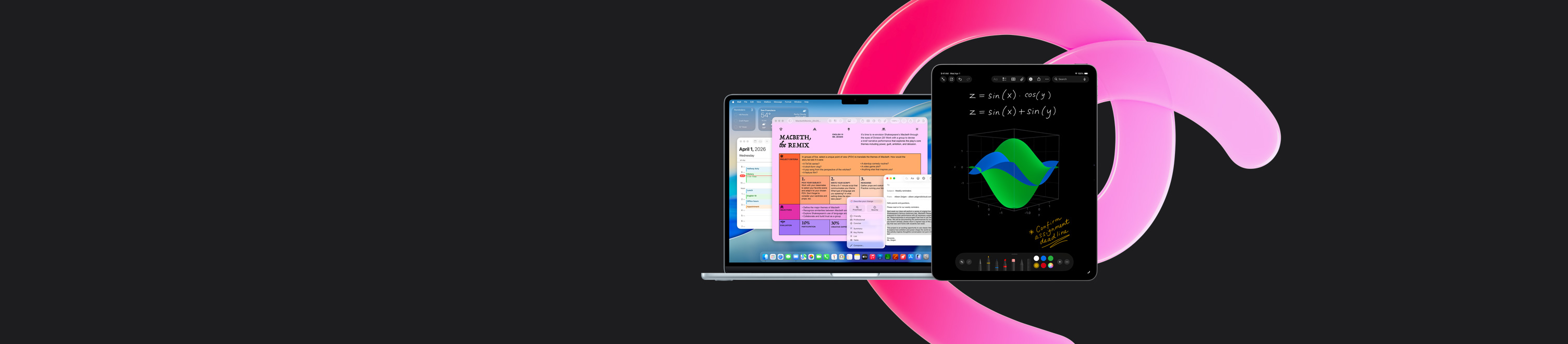 MacBook Air shows Pages, Calendar, Alert, and Mail alongside an iPad that shows handwritten equations in Math Notes, demonstrating productivity with built-in apps