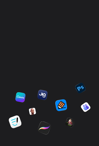 Diverses icônes d’apps partenaires dispersées, dont Goodnotes, Canva, Complete Anatomy, Procreate, JigSpace, Notability, INSIGHT HEART, Adobe Photoshop, Microsoft Teams