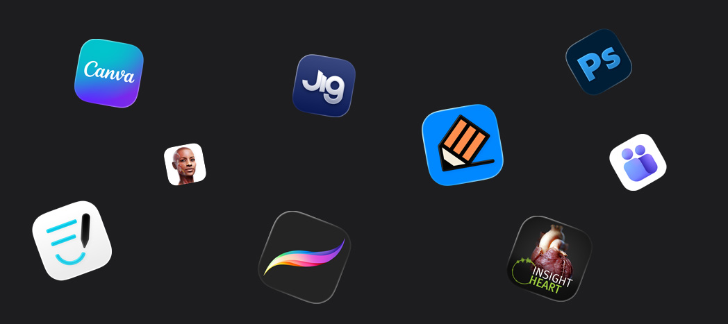 Diverses icônes d’apps partenaires dispersées, dont Goodnotes, Canva, Complete Anatomy, Procreate, JigSpace, Notability, INSIGHT HEART, Adobe Photoshop, Microsoft Teams
