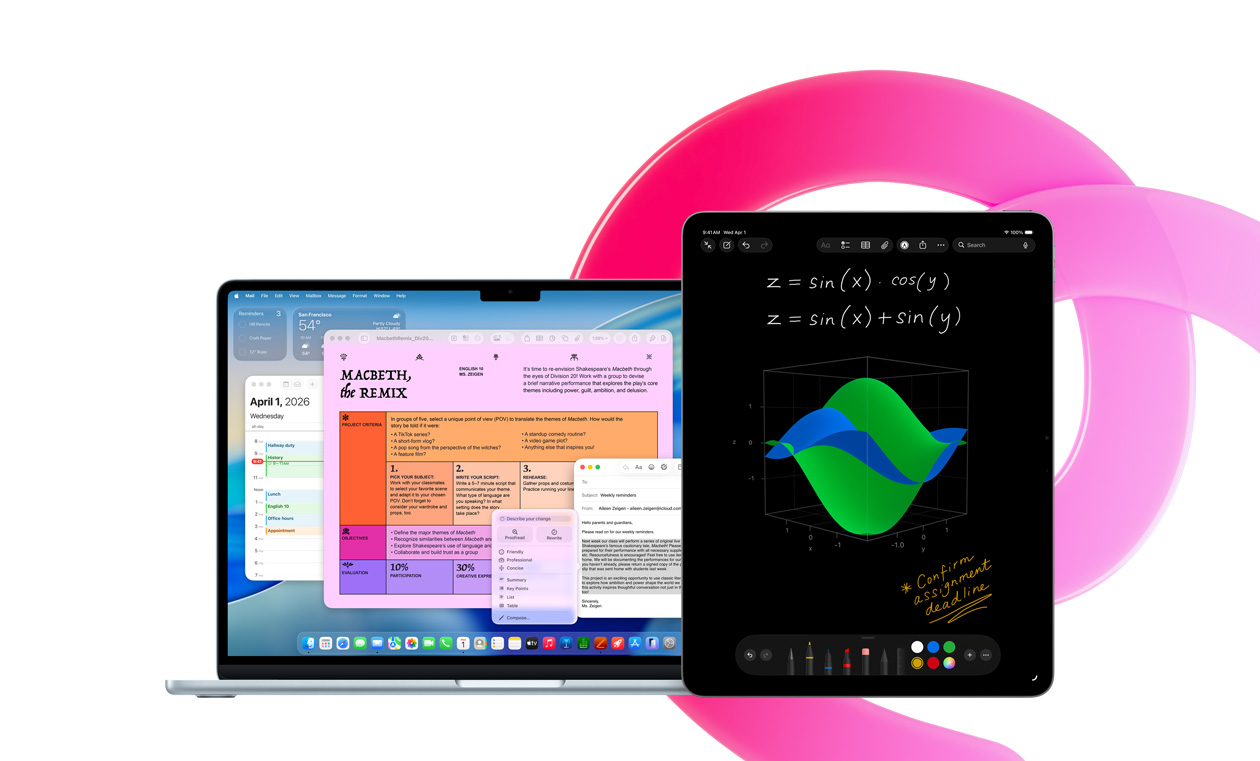 MacBook Air hiển thị Pages, Lịch, Cảnh báo và Mail cùng với iPad hiển thị các phương trình viết tay trong Ghi Chú Toán Học, minh họa khả năng làm việc hiệu quả với các ứng dụng tích hợp sẵn
