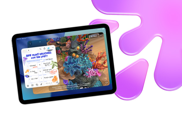 Ein iPad zeigt eine grafische Aquarium-Schatzsuche in Freeform und JigSpace, um die kreativen Möglichkeiten zu verdeutlichen