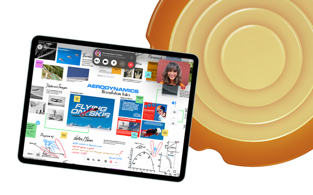 Ein iPad in Vorderansicht zeigt verschiedene Themen und Skizzen in Freeform, darunter „Aerodynamik“ und „Fliegen auf Skiern“