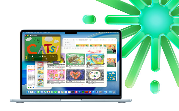 MacBook màu Xanh Da Trời, hiển thị Quicktime, Notes, Keynote và Photos, thể hiện khả năng đa nhiệm với nhiều ứng dụng