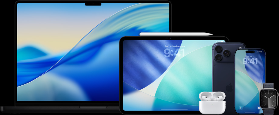 Produkty Apple, w tym MacBook Pro, iPad, Apple Pencil Pro, AirPods Pro 2, iPhone 17 Pro Max, iPhone 17 Pro i Apple Watch Series 11.