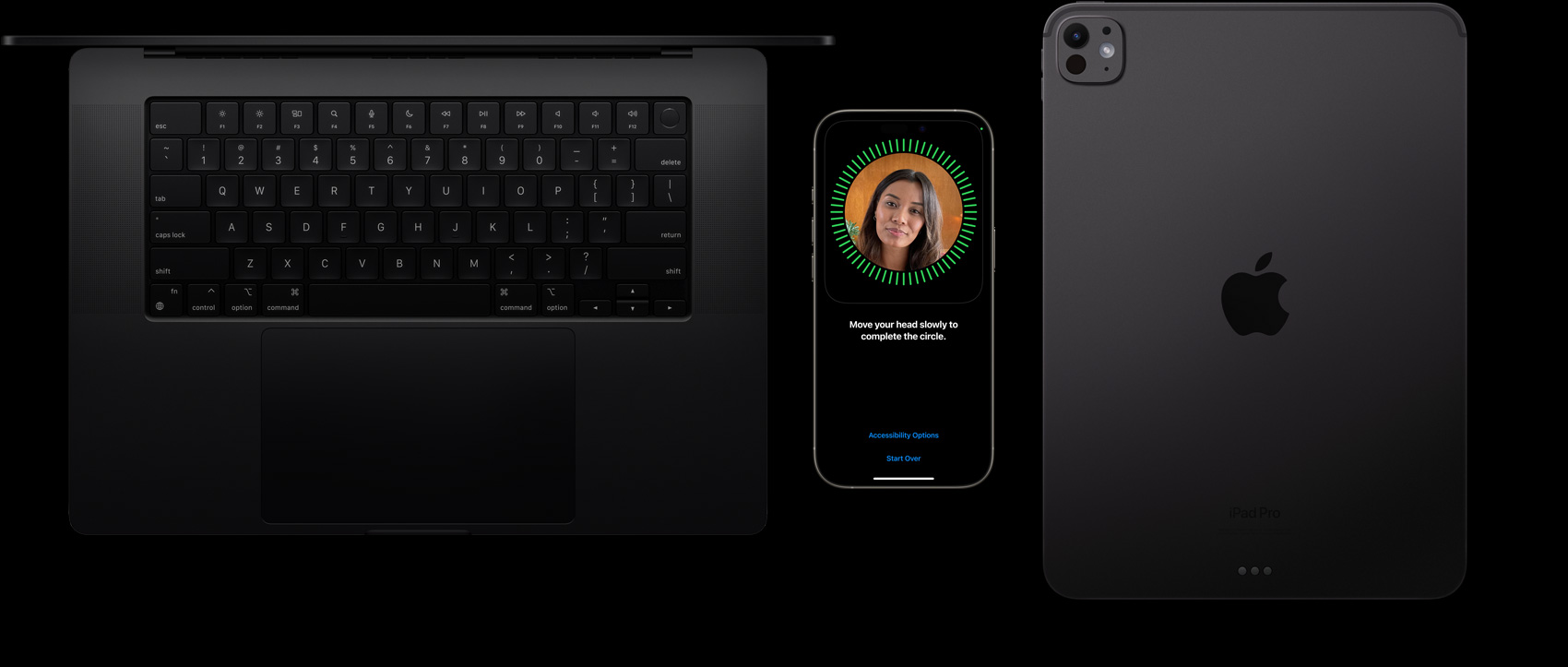 A MacBook in Space Black, an iPhone in Natural Titanium, and an iPad in Space Black sit side-by-side with a Face ID setup displayed on the iPhone