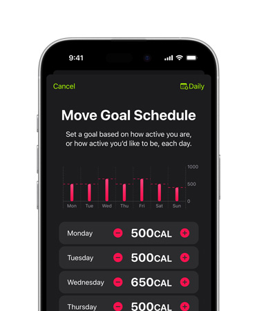 iPhone 16 front, UI reads Move Goal Schedule