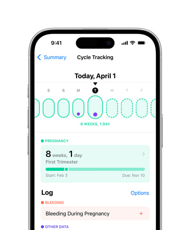iPhone 16, front, UI reads Health, Cycle Tracking