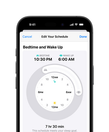 iPhone 16 front, UI reads Health, Bedtime, Light Mode, Schedule