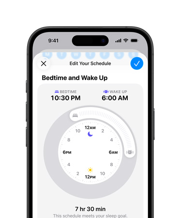 iPhone, Health app open to sleep schedule, bedtime set to 10:30 pm, wake up set to 6:00 am, radial time dial in center screen, 7 hr 30 min sleep goal met