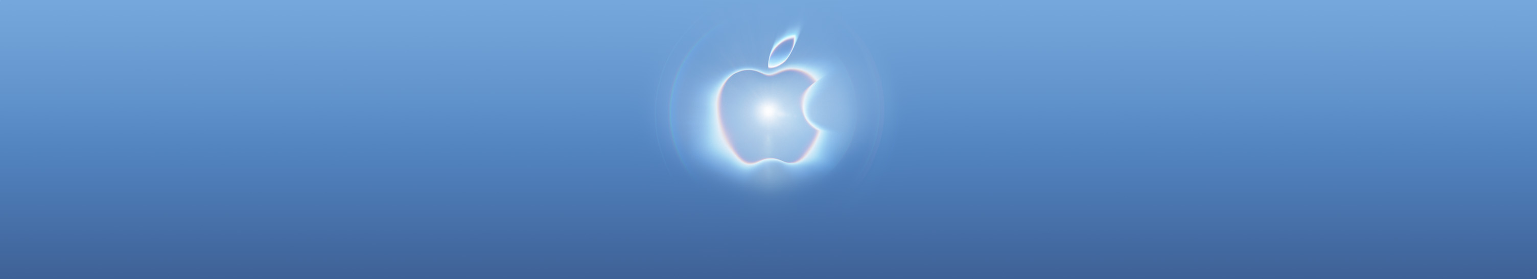 Logo Apple avec un effet néon lumineux en teintes de bleu et de rose, avec un faisceau blanc vif irradiant de son centre et un dégradé en arrière-plan