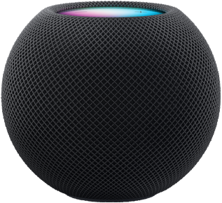 ミッドナイトのHomePod mini。その上にカラフルなピクセルで描かれた「mini」という文字が動いている