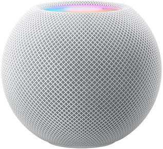 ホワイトのHomePod mini。その上にカラフルなピクセルで描かれた「mini」という文字が動いている