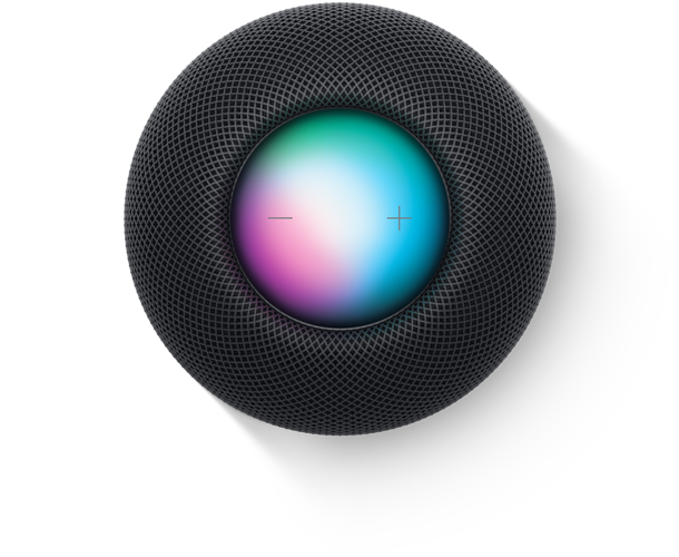 ミッドナイトのHomePod miniと3台のiPhoneが並んでいる。1台目のiPhoneはホームアプリ、2台目はHomeKitのグラフィックス、3台目は「見つける」タブを表示している