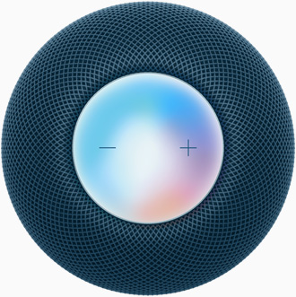ブルーのHomePod miniを上から見た図。プラスとマイナスの音量調節ボタンと、その下にカラフルなディスプレイが見えている