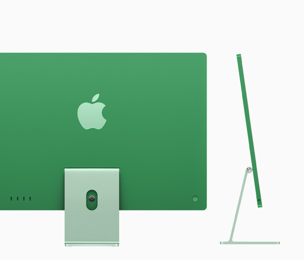 Achteraanzicht van een groene iMac, met vier USB‑C-poorten.