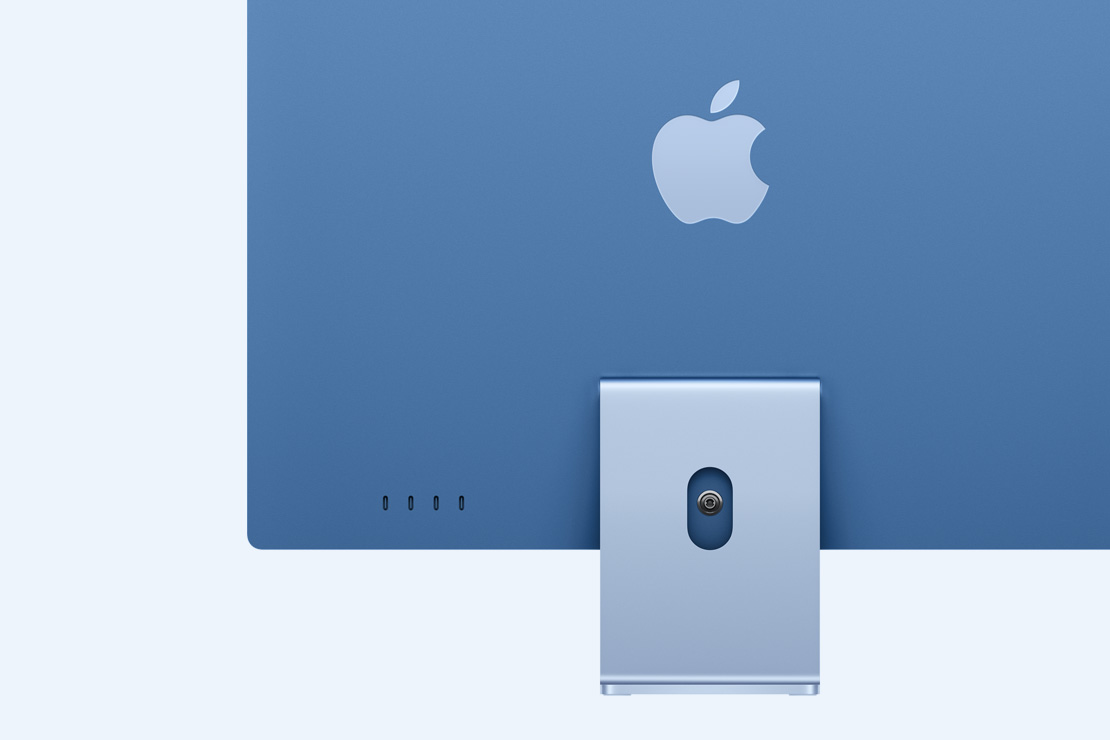藍色 iMac 的背面，展示四個 USB-C 連接埠