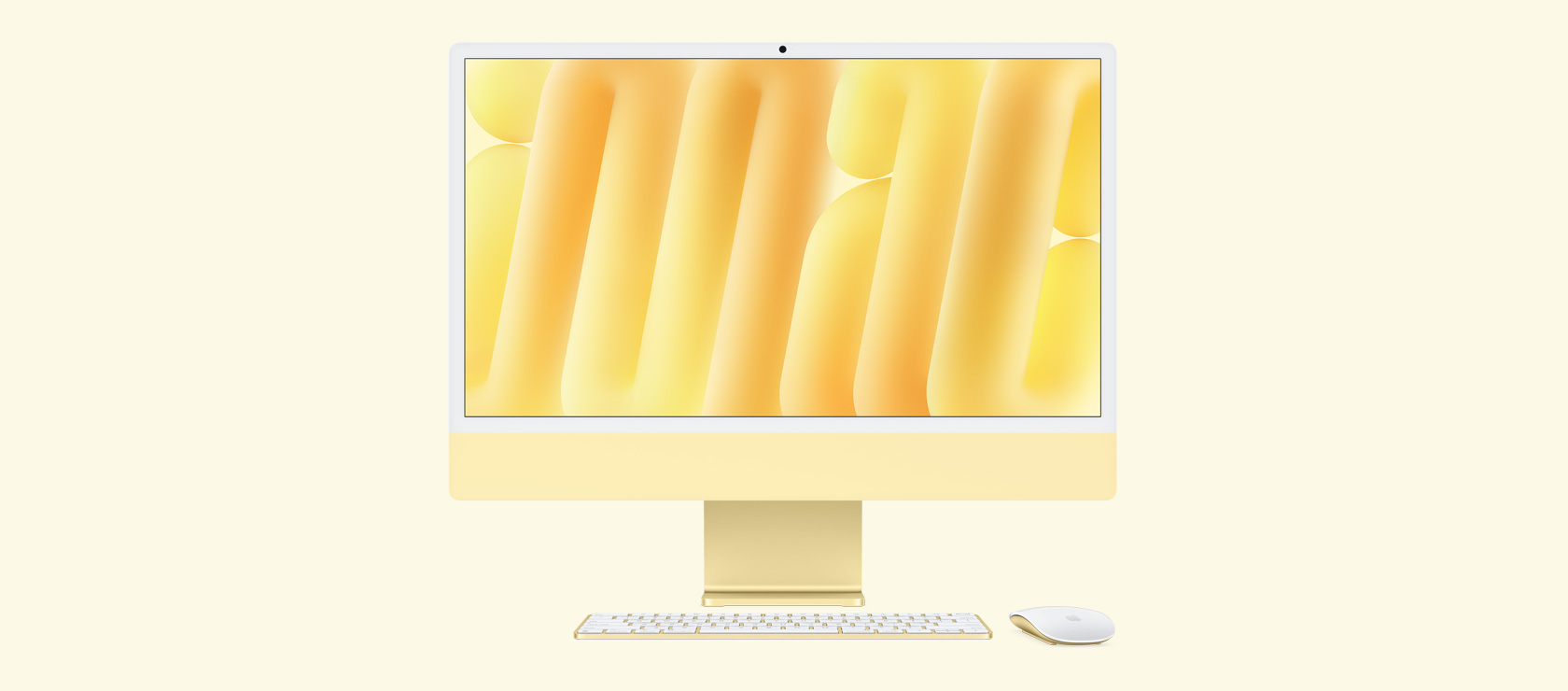 正面圖展示黃色 iMac 配上襯色的滑鼠和鍵盤
