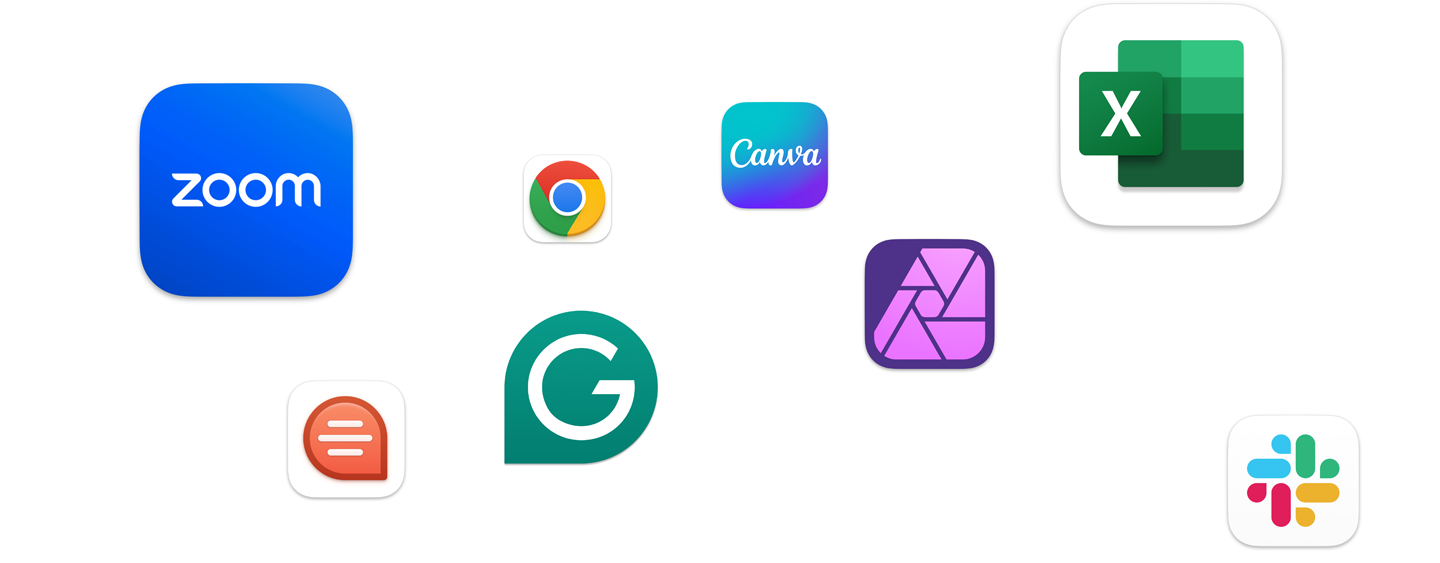 螢幕上漂浮著各種 app 圖像，包括 Zoom、Canva、Microsoft Excel 和 Adob​​e Photoshop