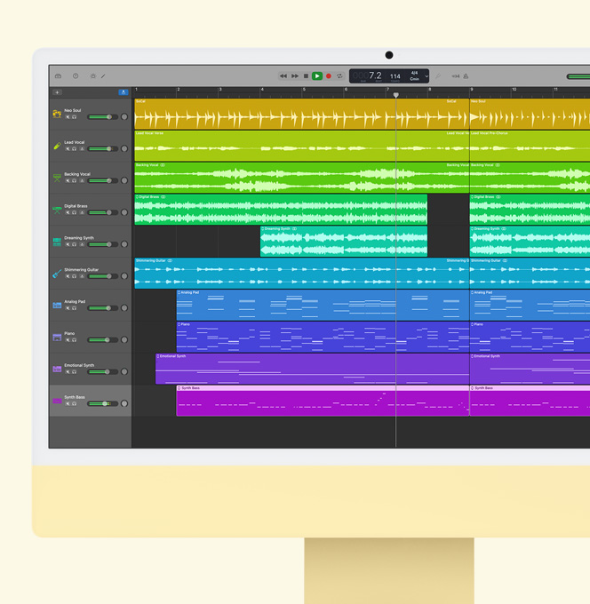 黃色 iMac。螢幕顯示 GarageBand