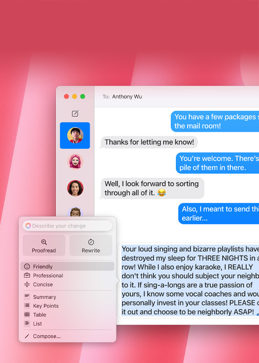 Demonstration af funktionen Skriveværktøjer. Brugerens indledende udkast til en mail forvandles til en mere professionel version ved hjælp af valgmuligheden Professional Tone