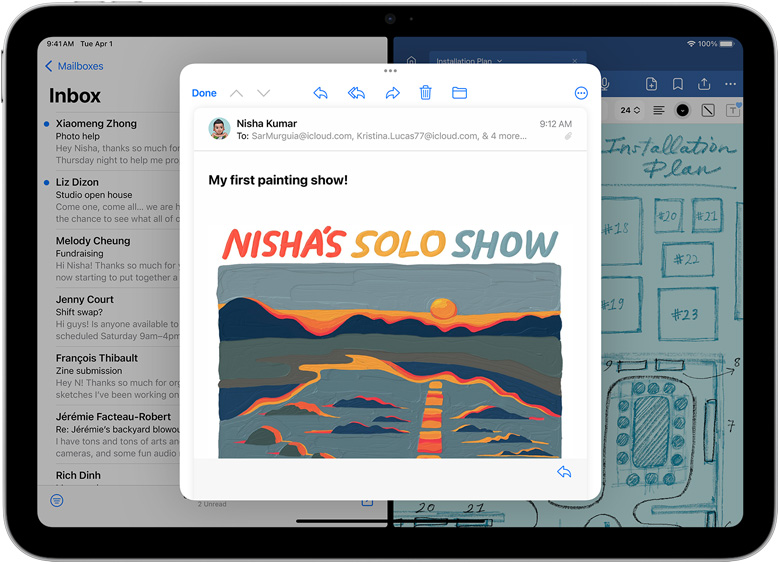 Apps Mail e Goodnotes abertas lado a lado no iPad. Mensagem de email aberta numa janela separada.