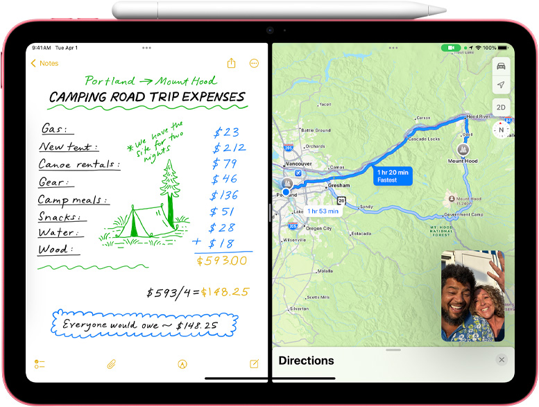 Nota de matemática na app Mapas com uma chamada FaceTime no modo Picture‑in‑Picture no iPad.