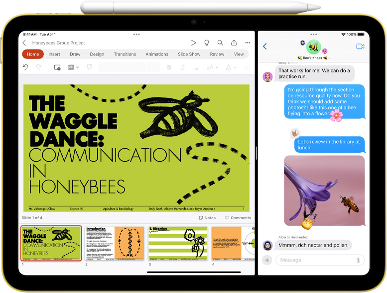 Split View das apps PowerPoint e Mensagens no iPad com o Apple Pencil fixado de forma magnética.