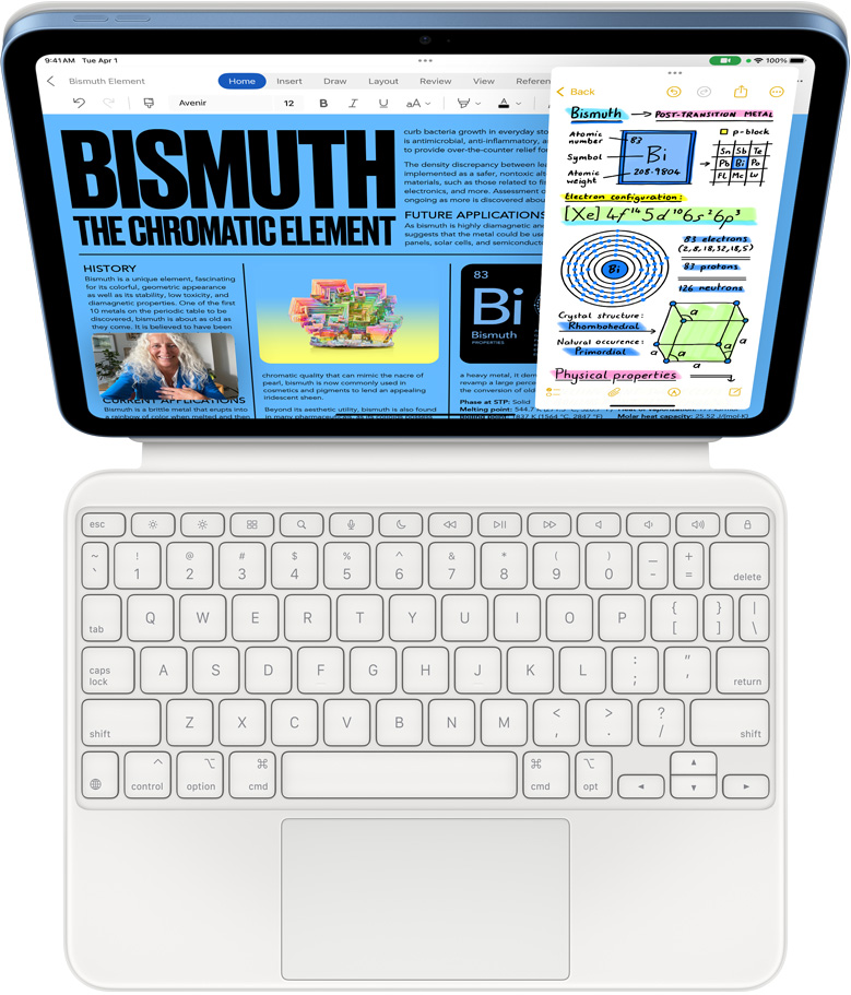 iPad fastgjort til Magic Keyboard Folio, skærmen viser Slide Over med Microsoft Word og Noter, samtidig med at et FaceTime-opkald er i gang.