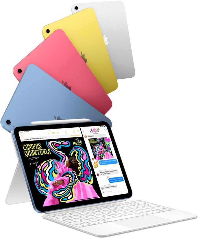 iPad i farverne blå, lyserød, gul og sølv og en iPad, der er sat på et Magic Keyboard Folio.
