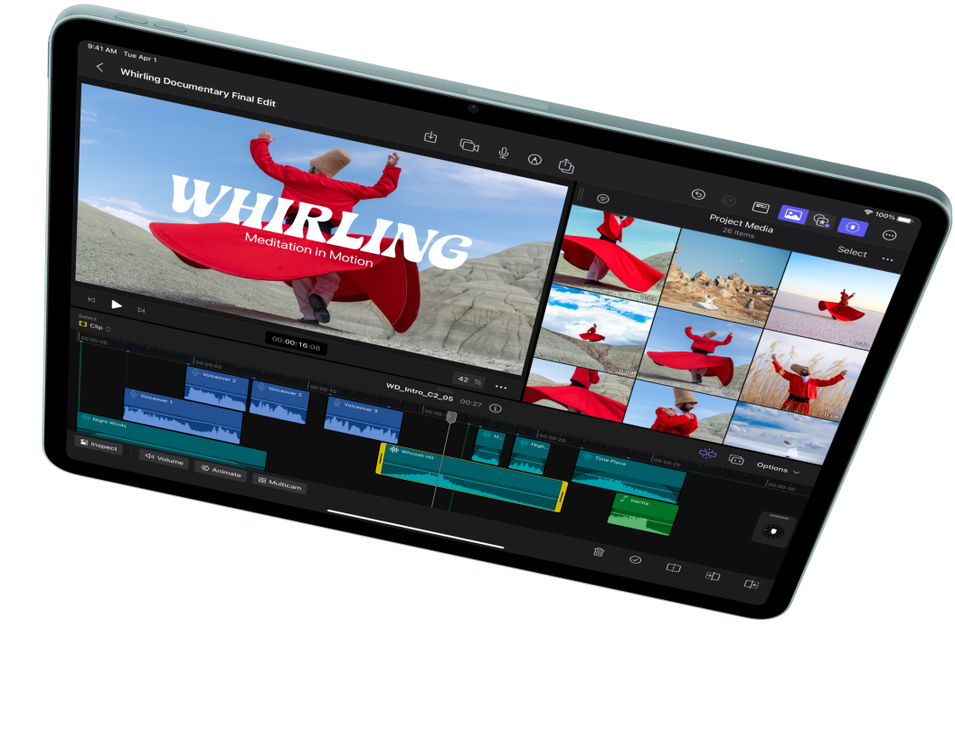 Yatay pozisyonda iPad Air, Final Cut Pro’da video düzenlendiği gösteriliyor