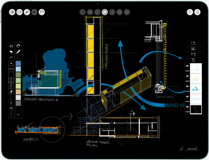가로 방향으로 놓인 iPad Air의 화면에 Morpholio Trace 앱이 표시된 모습